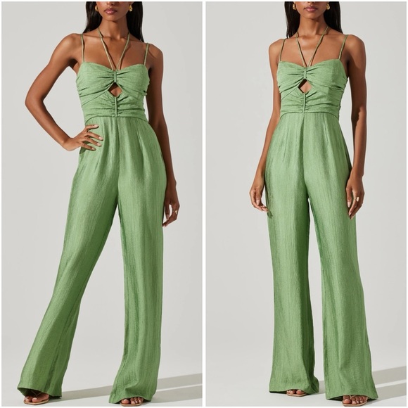 ASTR The Label • Sage Green Kamora Cutout Halter Jumpsuit Sz Med Party Cocktail - Picture 1 of 11